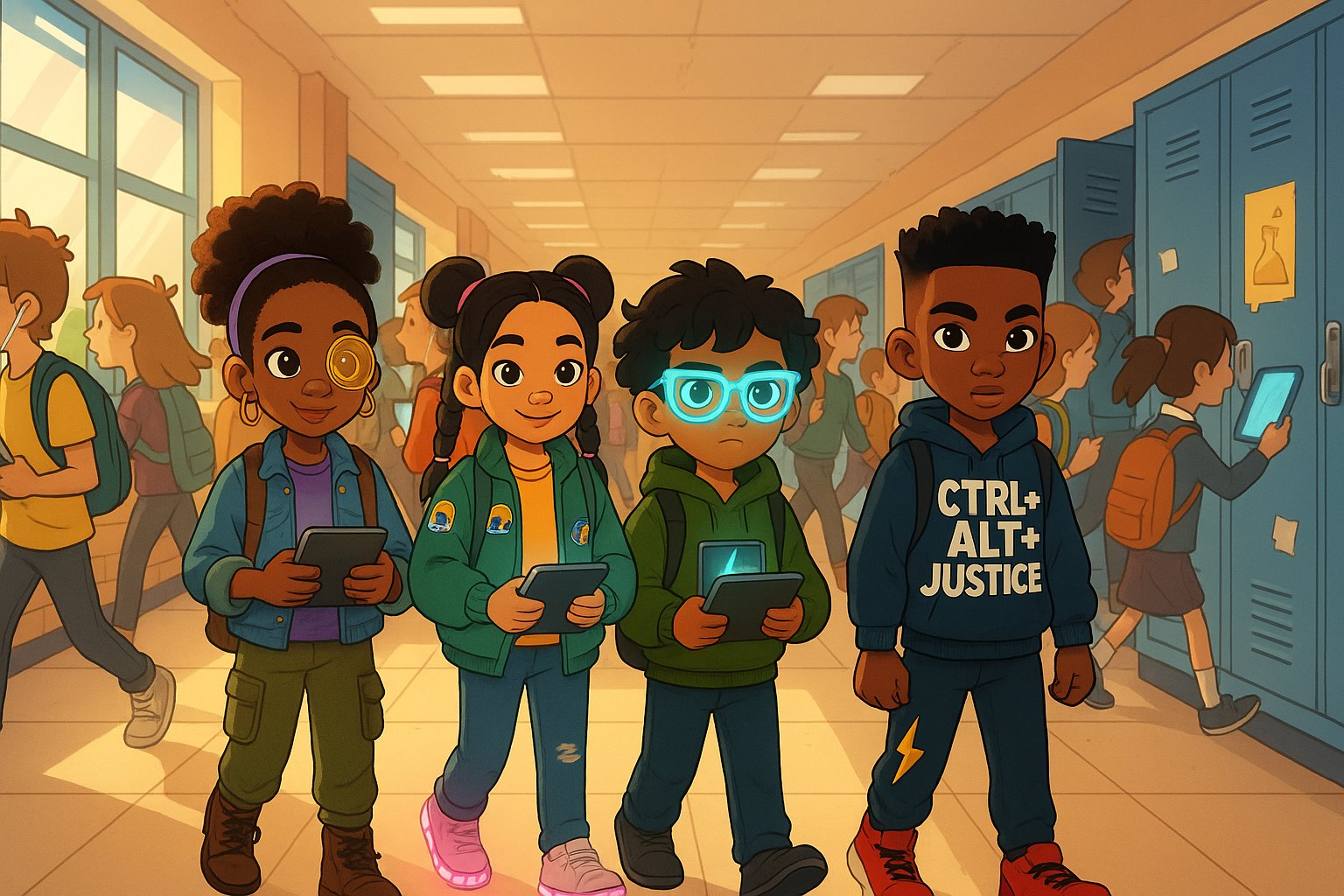 Illustration of the four Code Crew friends walking down a busy school hallway, each holding a tablet, with classmates at lockers behind them