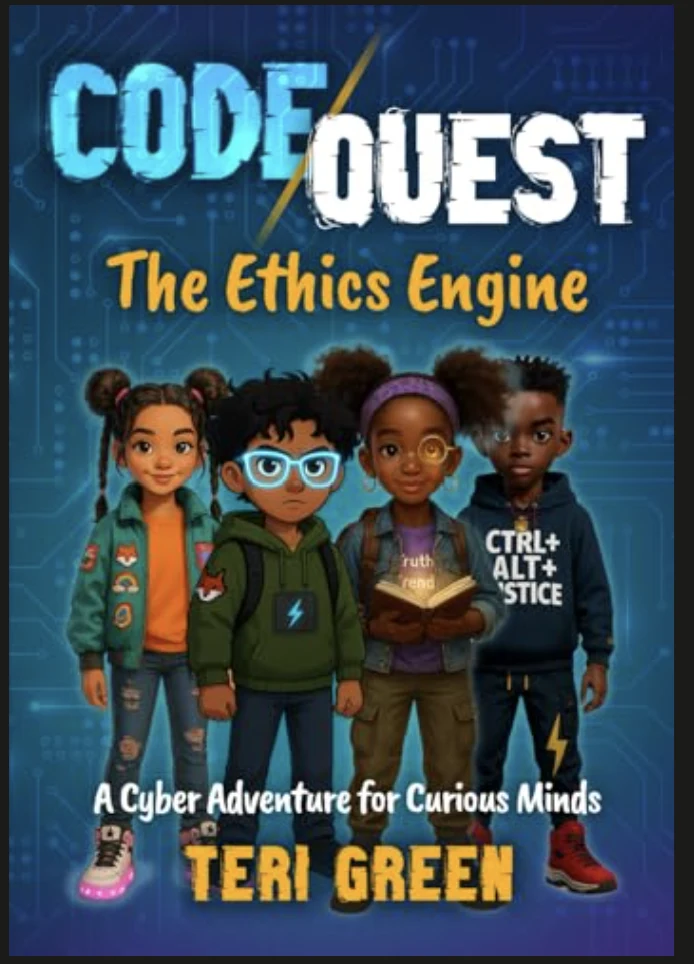 Cover of Code Quest: The Ethics Engine by Teri Green, showing Ty, Leo, KiKi and Ellie