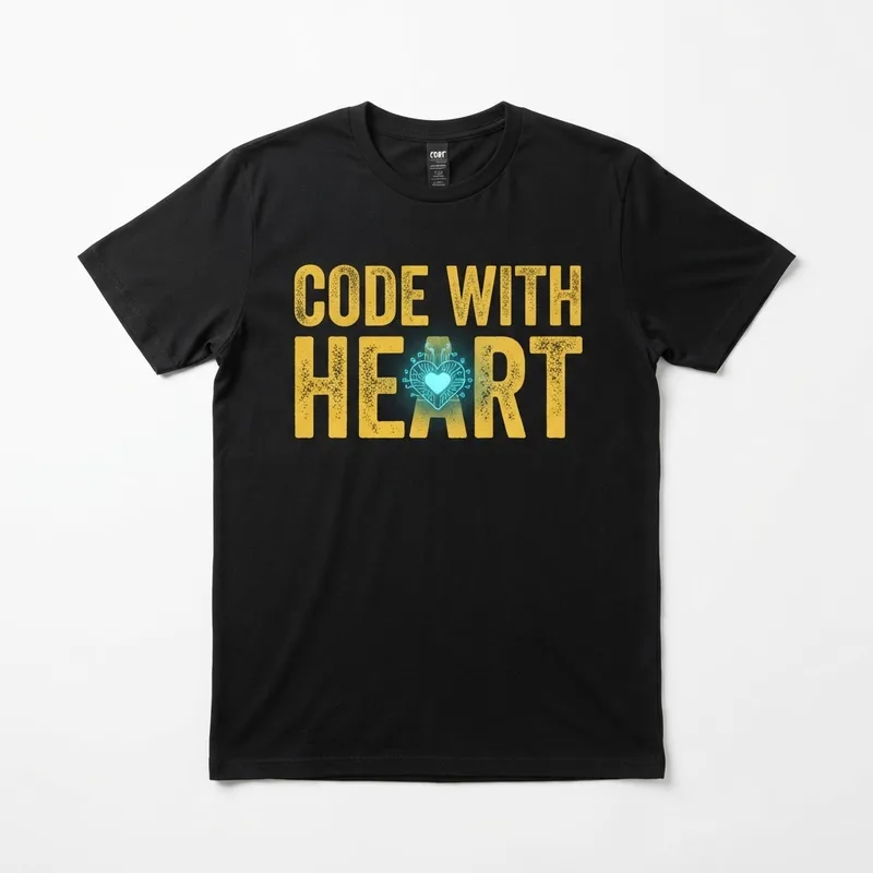 Black youth tee printed with “Code with Heart” in gold