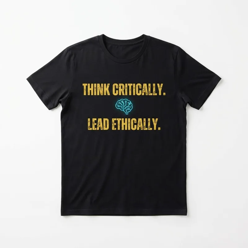Black youth tee printed with “Think critically. Lead ethically.” in gold