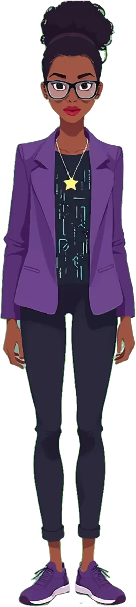 Illustration of Ms. Cipher in a purple blazer and glasses