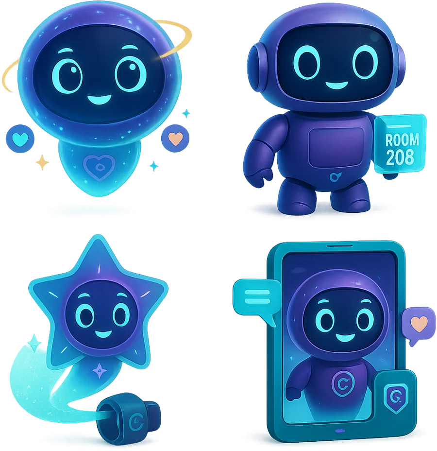 Illustration of four friendly blue robot helpers, one holding a Room 208 sign