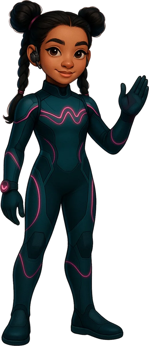 Illustration of KiKi Delgado waving in a dark mission suit with pink glowing lines